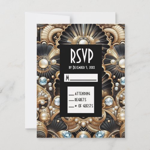 Art Deco Black &amp; Gold Diamond RSVP Cards