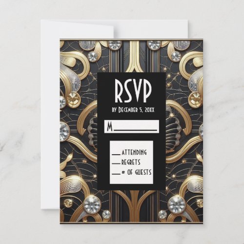 Art Deco Black &amp; Gold Diamond RSVP Cards