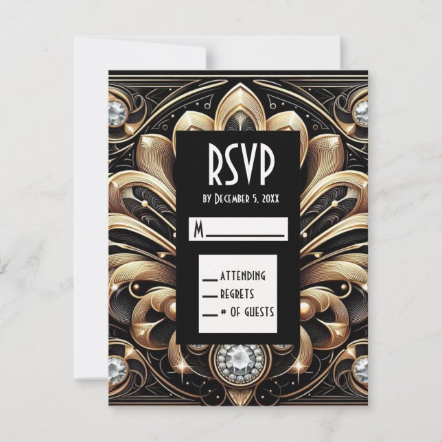 Art Deco Black & Gold Diamond RSVP Cards (Front)
