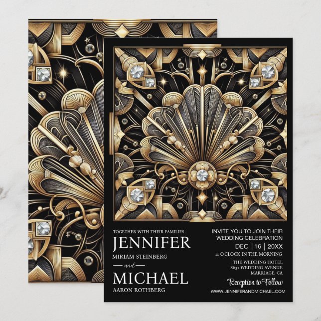 Art Deco Black & Gold Diamond Wedding Invitations  (Front/Back)