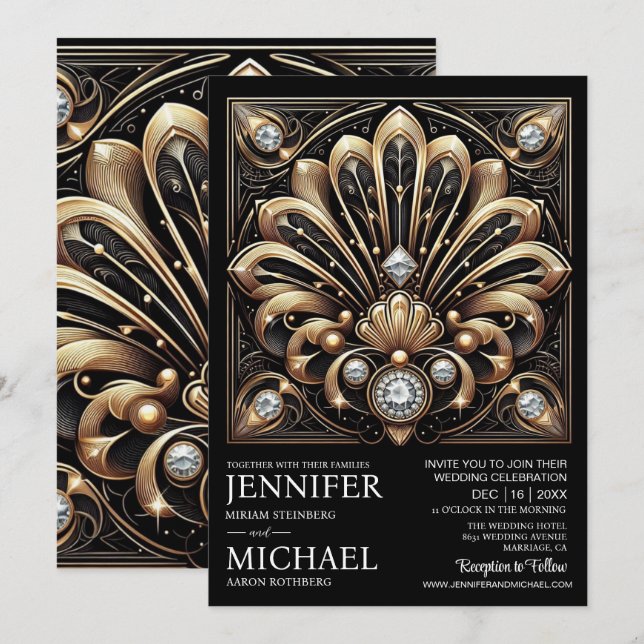 Art Deco Black & Gold Diamond Wedding Invitations  (Front/Back)