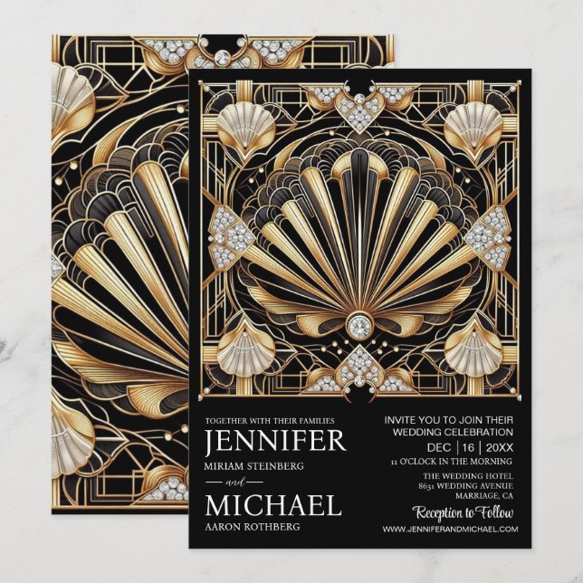 Art Deco Black & Gold Diamond Wedding Invitations  (Front/Back)