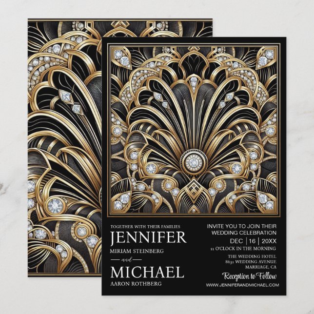 Art Deco Black & Gold Diamond Wedding Invitations  (Front/Back)