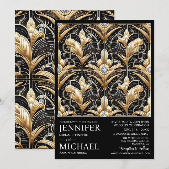 Art Deco Black & Gold Diamond Wedding Invitations  (Front/Back)