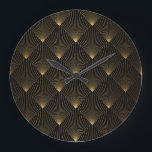 Art Deco: Black Gold Elegance. Large Clock<br><div class="desc">Art Deco Pattern. Seamless black and gold background. Metallic shells or scales lace ornament. Minimalistic geometric design. Vintage lines. 1920-30s motifs. Luxury vintage illustration Rediscover Art Deco opulence with black and gold motifs in seamless decor. Art Deco lines unfold, timeless patterns of gold. twenties, roaring, deco, illustration, background, pattern, texture,...</div>