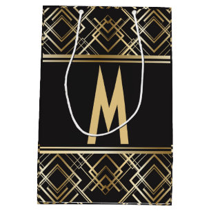 Art deco,black,gold,elegant,chic,monogram ready, medium gift bag