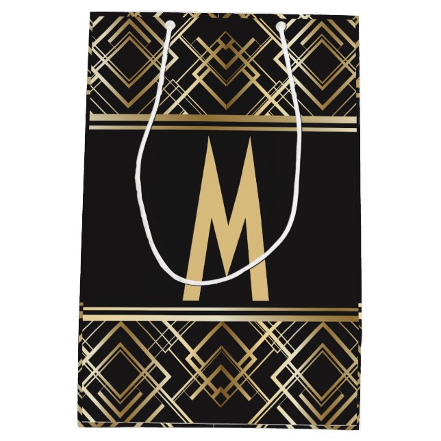 Art deco,black,gold,elegant,chic,monogram ready, medium gift bag (Back)