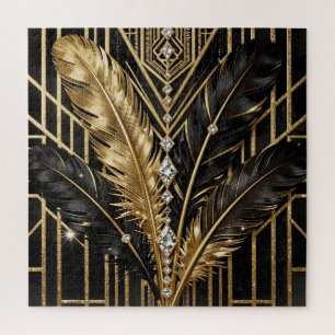 Art Deco Black Gold Feathers Jigsaw Puzzle