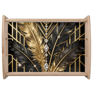 Art Deco Black Gold Feathers Serving Tray