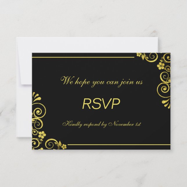 Art Deco Black gold  Floral Swirls Wedding RSVP Card (Front)