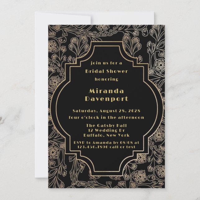 Art Deco Black Gold Flower Bridal Shower Invitation (Front)