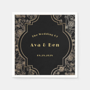 Art Deco Black Gold Flowers Wedding Napkins
