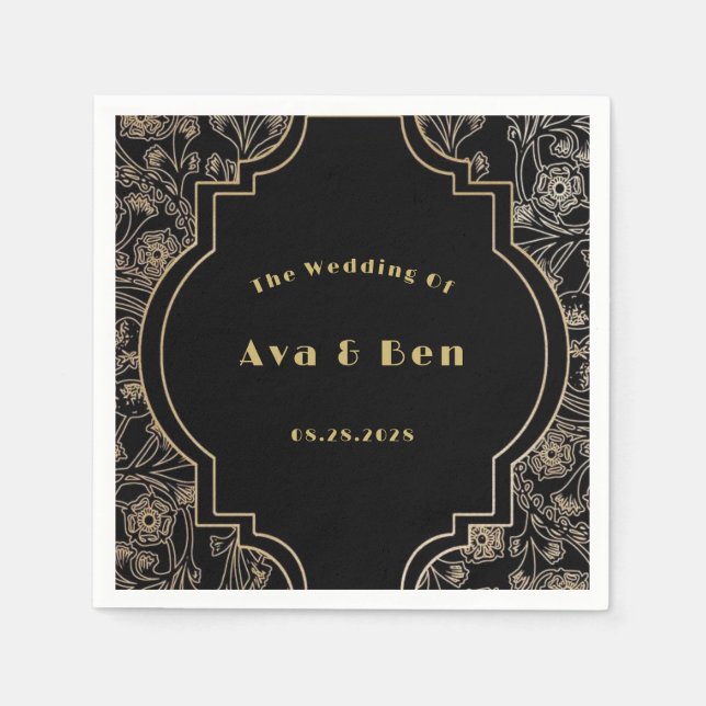 Art Deco Black Gold Flowers Wedding Napkins (Front)