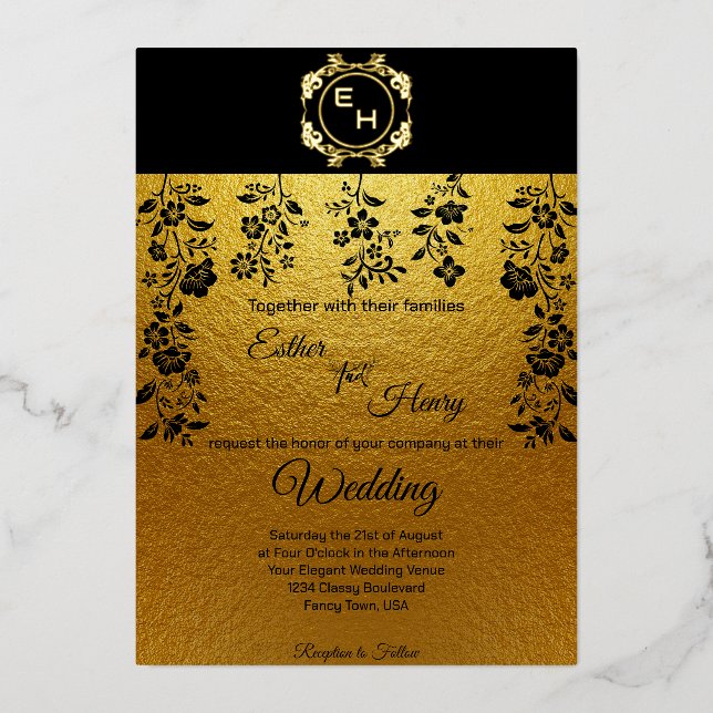 Art Deco Black Gold Foil Monogram Classic Wedding  Foil Invitation (Front)