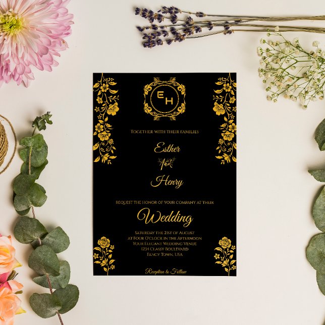 Art Deco Black Gold Foil Monogram Classic Wedding  Invitation (Creator Uploaded)