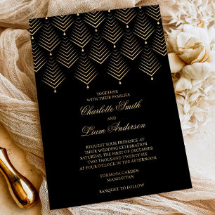 Art Deco Black & Gold Foil Pressed Floral Wedding Foil Invitation