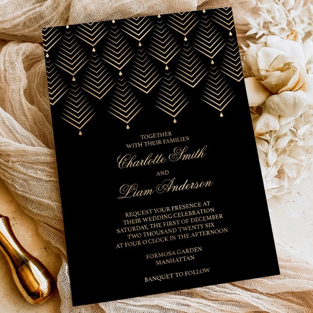 Art Deco Black & Gold Foil Pressed Floral Wedding Invitation (Creator Uploaded)
