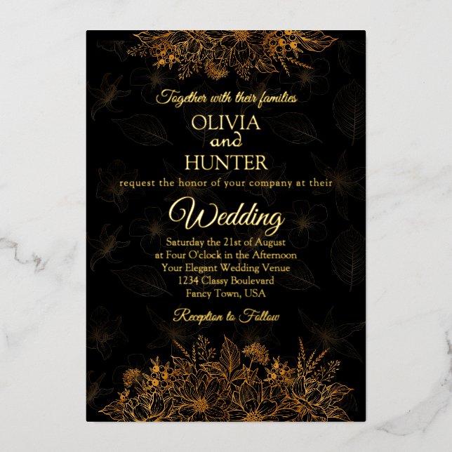 Art Deco Black Gold Foil Script Classic Wedding  Invitation (Front)