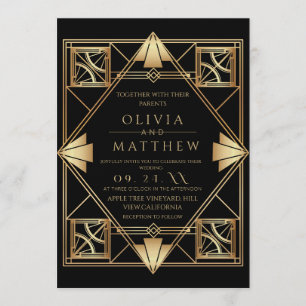 Art Deco Black Gold Frame Wedding Invitation