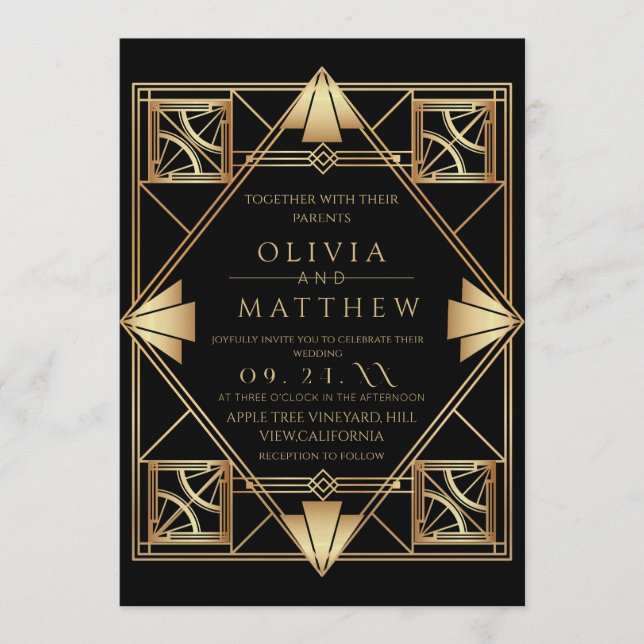 Art Deco Black Gold Frame Wedding Invitation (Front)