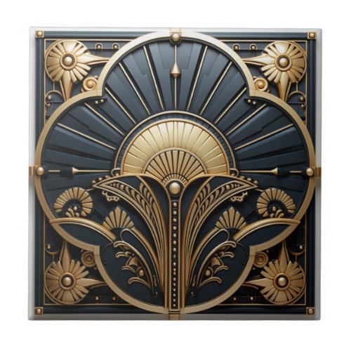 Art Deco Black Gold Geometric Fan Ceramic Tile