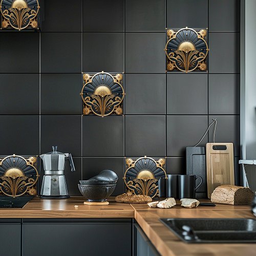 Art Deco Black Gold Geometric Fan Ceramic Tile