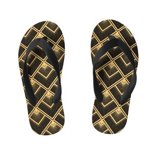 Art Deco Black Gold Geometric Kids Flip Flops