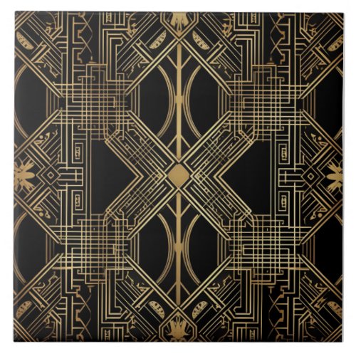Art Deco Black Gold Geometric Pattern Ceramic Tile
