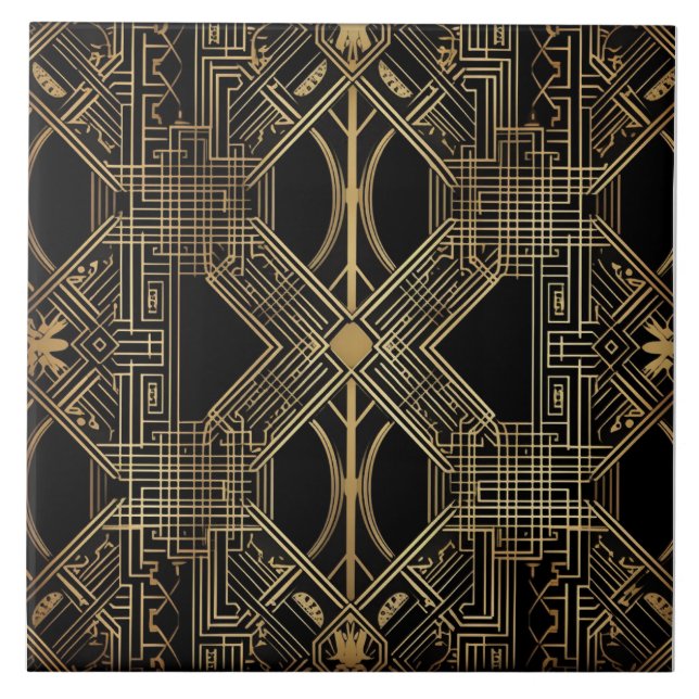 Art Deco, Black Gold, Geometric Pattern Ceramic Tile (Front)