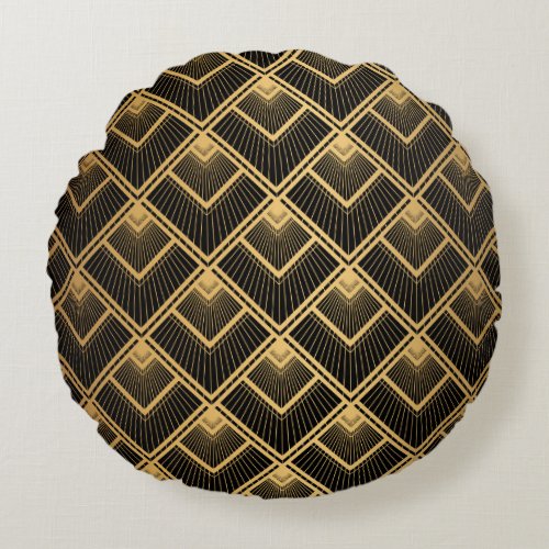 Art Deco Black Gold Geometric Round Pillow