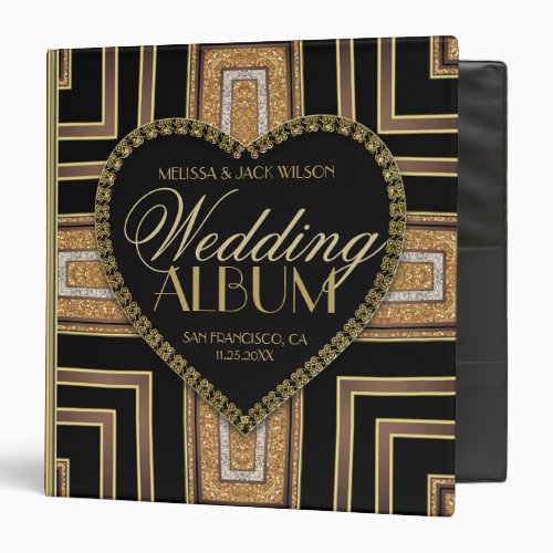 Art Deco Black Gold Love Heart Wedding Album 3 Ring Binder