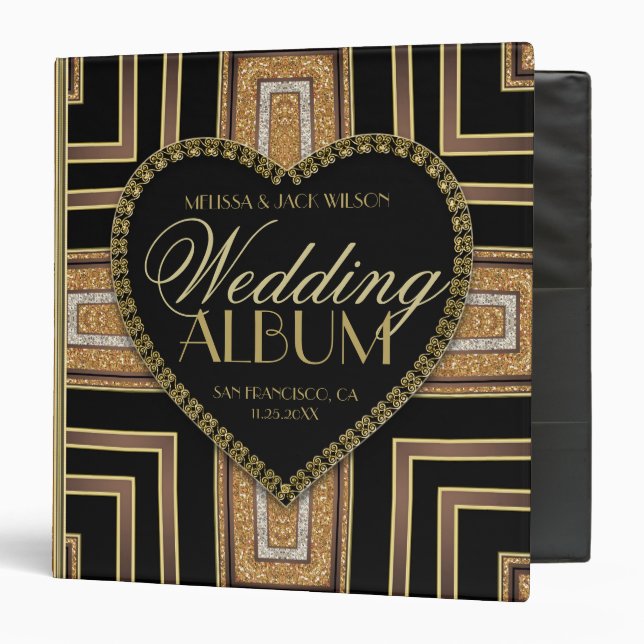 Art Deco Black Gold Love Heart Wedding Album 3 Ring Binder (Front/Inside)