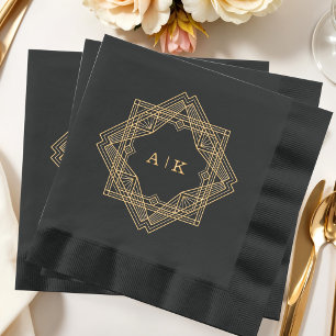 Art Deco Black Gold Monogrammed Foil Napkins