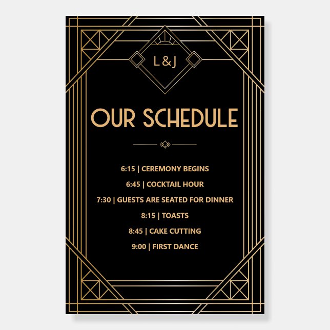 Art Deco Black Gold Order of Events Wedding Sign (Front)