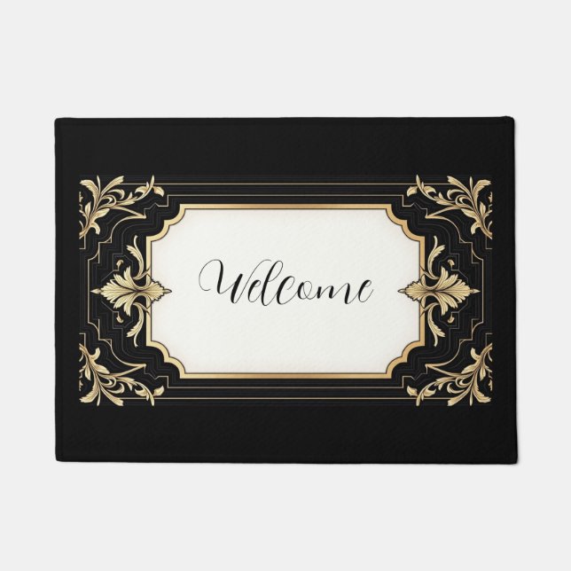 Art Deco Black & Gold Ornate Frame Area Rug (Front)