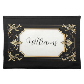 Art Deco Black & Gold Ornate Frame Cloth Placemat