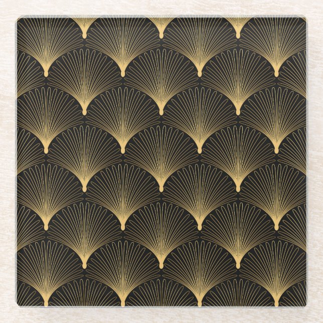 Art Deco: black gold pattern. Glass Coaster (Front)