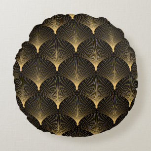 Art Deco: black gold pattern. Round Pillow