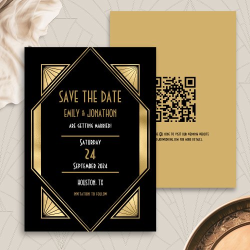Art Deco Black Gold QR Code Wedding Save The Date