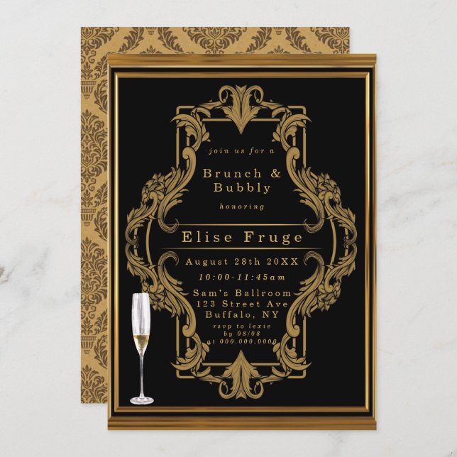 Art Deco Black Gold Royal Brunch & Bubbly Invitati Invitation (Front/Back)