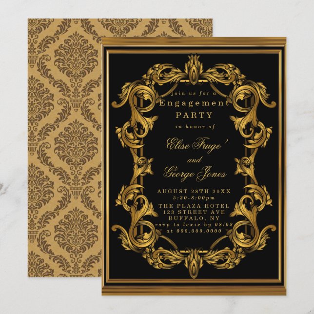 Art Deco Black Gold Royal Engagement Party  Invita Invitation (Front/Back)