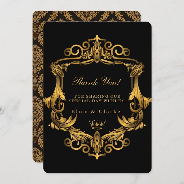 Art Deco Black Gold Royal Wedding Thank You Cards (Front/Back)