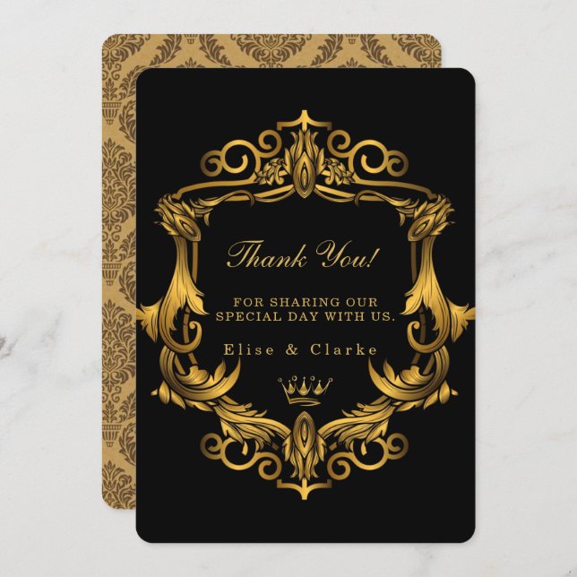 Art Deco Black Gold Royal Wedding Thank You Cards (Front/Back)