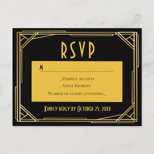 Art Deco Black Gold RSVP Great Gatsby Wedding Invitation Postcard