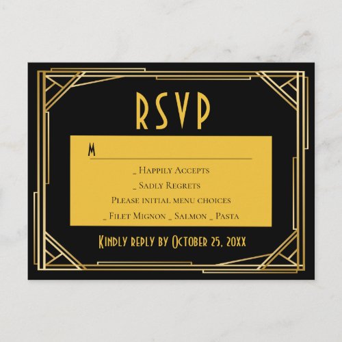 Art Deco Black Gold RSVP Great Gatsby Wedding Invitation Postcard