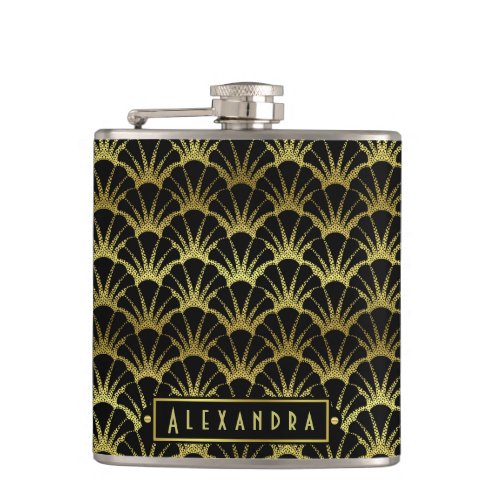 Art Deco Black Gold Scallop Shells Fan Custom Name Hip Flask