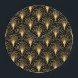 Art Deco Black Gold: Seamless Luxury Large Clock<br><div class="desc">Art Deco Pattern. Seamless black and gold background. Metallic shells or scales lace ornament. Minimalistic geometric design. Vintage lines. 1920-30s motifs. Luxury vintage illustration Art Deco Luxury: Black and Gold Vintage Elegance. Dive into the elegance of an Art Deco masterpiece. art, deco, pattern, ornament, background, illustration, texture, decor, vintage, gold,...</div>