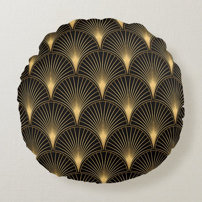 Art Deco Black Gold: Seamless Luxury Round Pillow (Front)