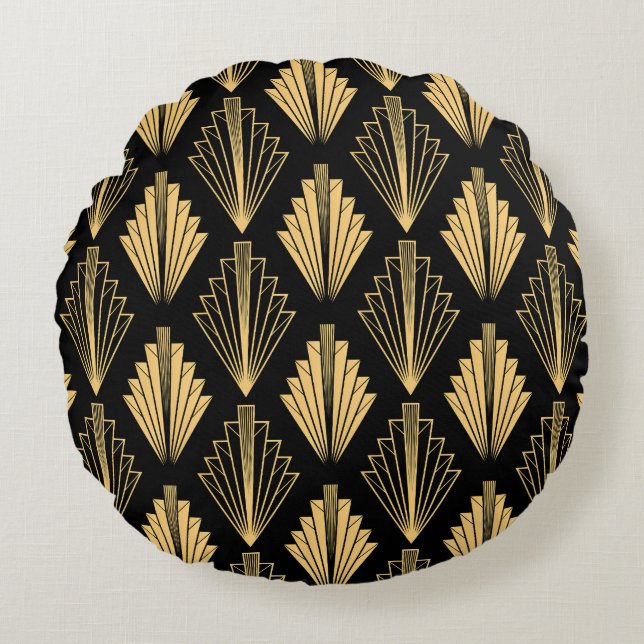 Art Deco Black Gold: Seamless Round Pillow (Front)