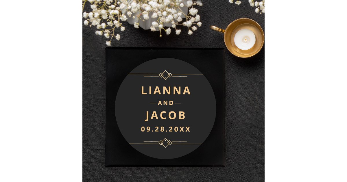 Art Deco Black Gold Wedding Classic Round Sticker | Zazzle